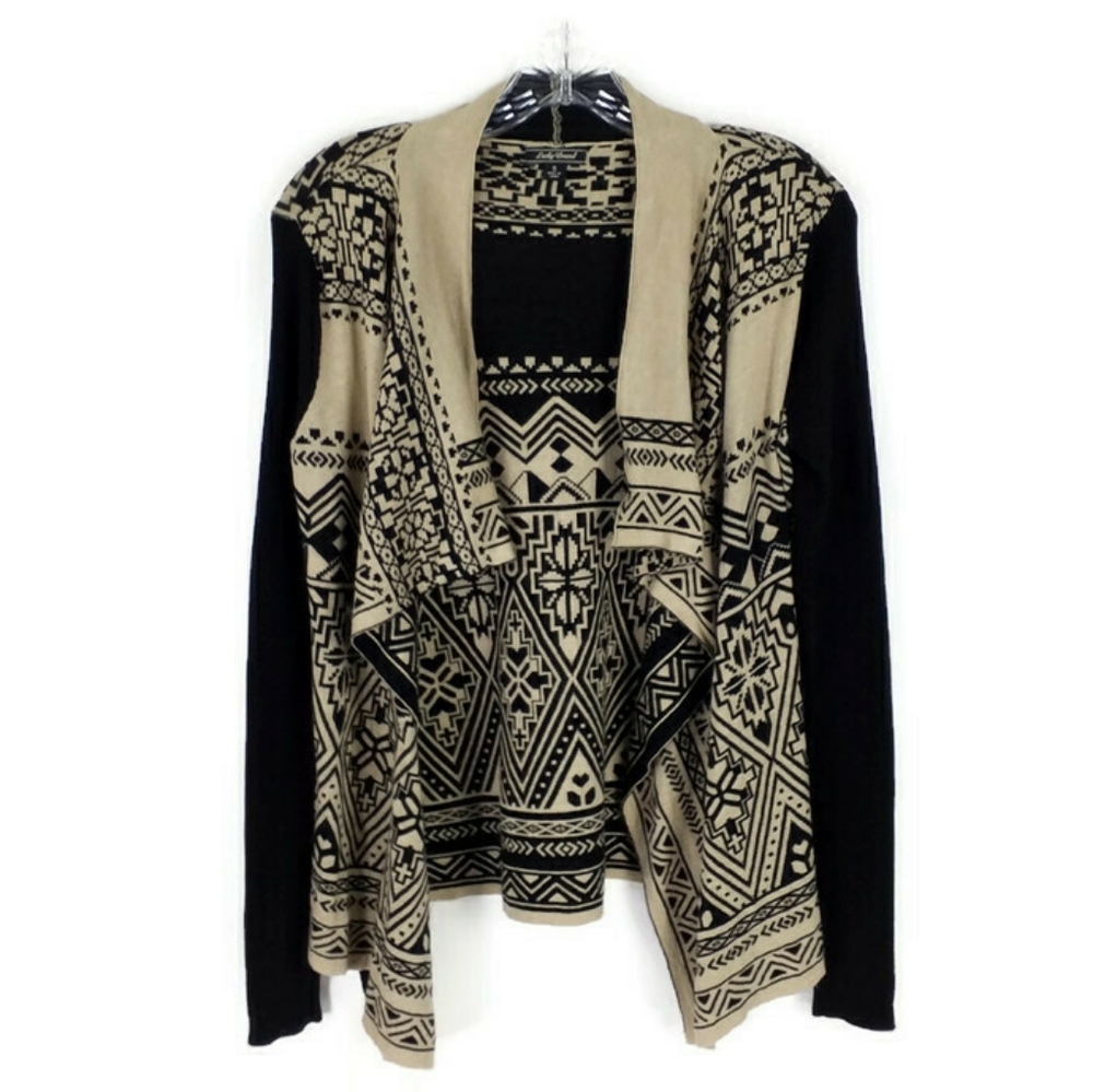Lucky Brand Black Geo Print Open Front Long Sleeve Cardigan Sweater Women Small